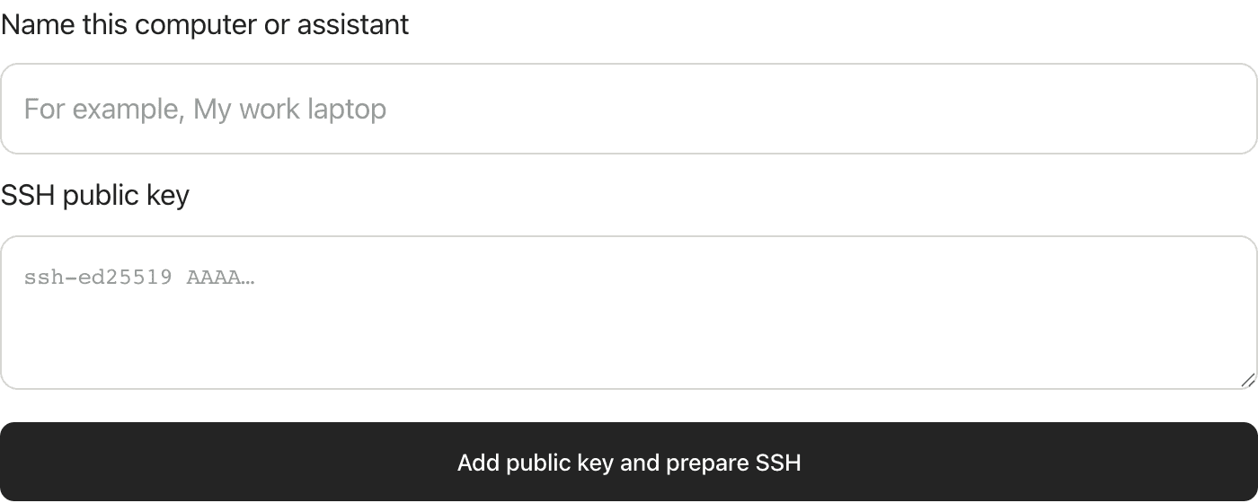 MacServe’s SSH setup form: name the connecting computer, paste an SSH public key, and choose Add public key and prepare SSH.